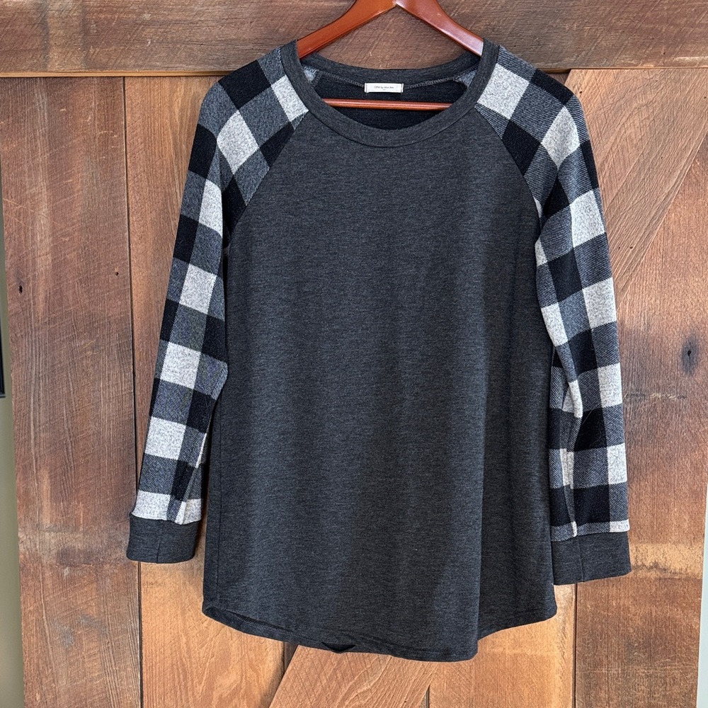 12 Pm By Mon Ami Charcoal Sweater with Checkered Sleeves